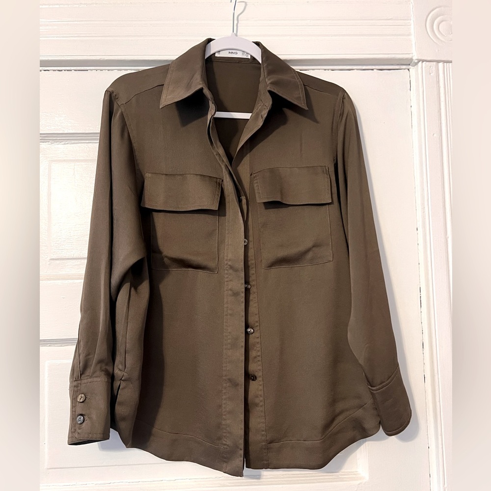 Mango Oversized Olive Green Button UP